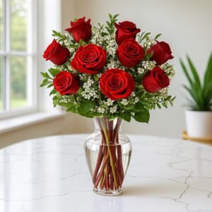 Red Roses & Alyssum Vase